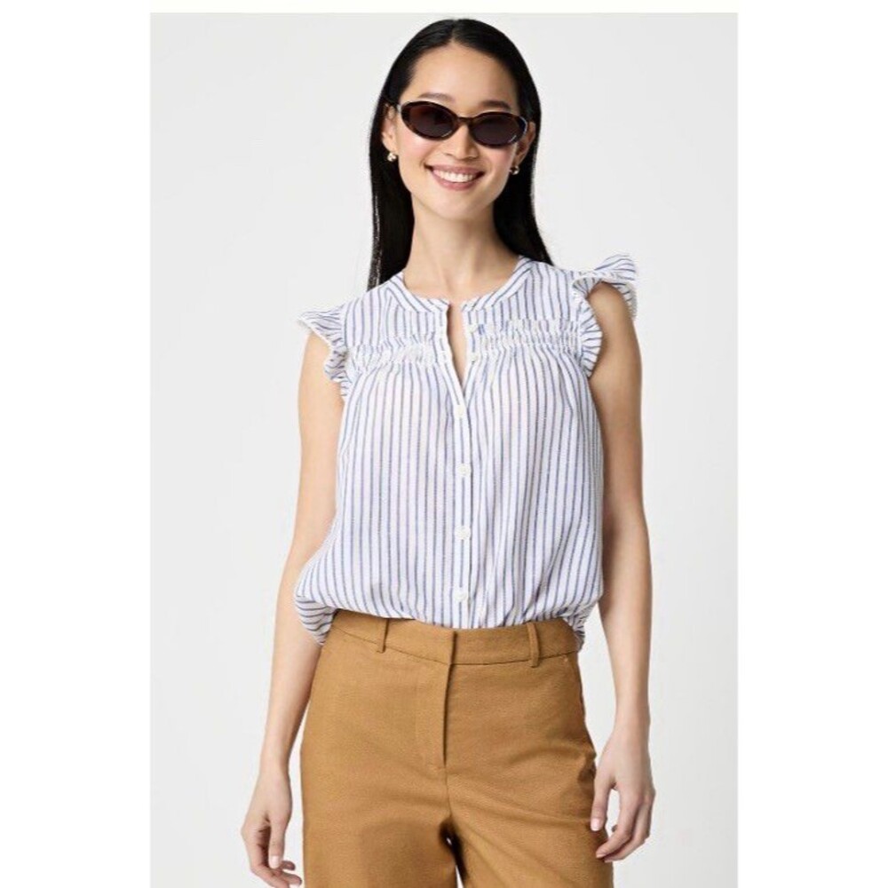 J.CREW Blue White Striped Ruffle Button Front Woven Lightweight Blouse Size XL